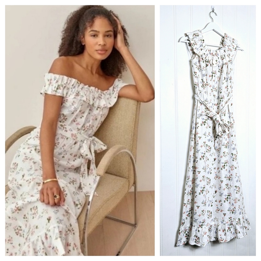Reformation Midi Dress Womens S Carine Sycamore Linen Off Shoulder Floral White